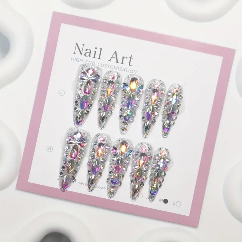 ✨ 10pc Iridescent Rhinestone Press-On Nails - Size L - Glam Long Coffin Set ✨ - Picture 4 of 6